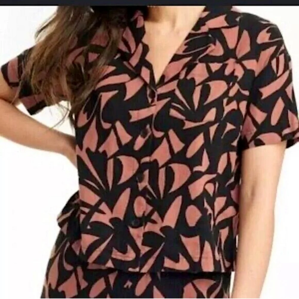 A New Day Linen Blend Printe Top In Clay/Black Combo Size 2X
